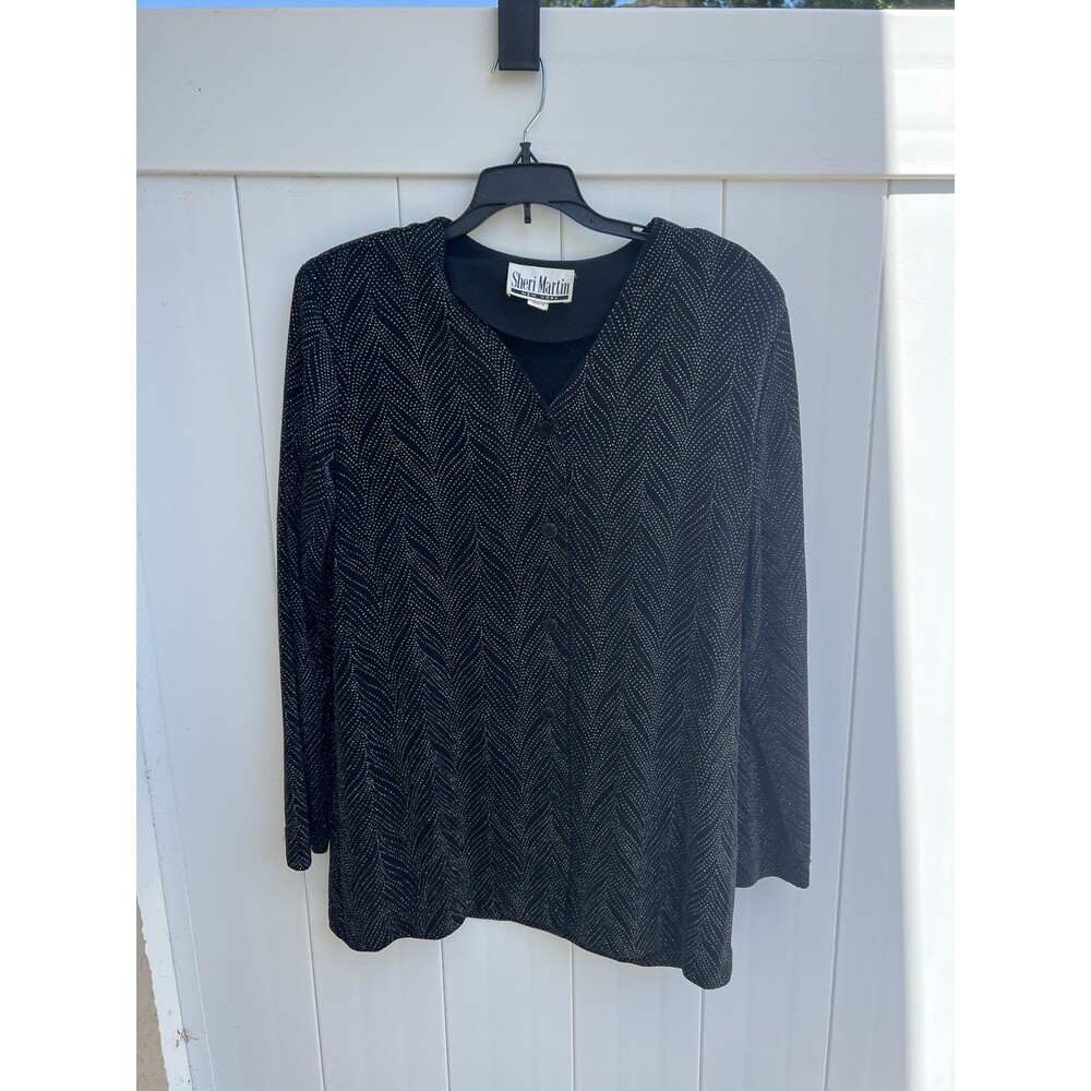 VINTAGE Sheri Martin New York Black Blazer Woman Sz 14 Embellished Shoulder Pad